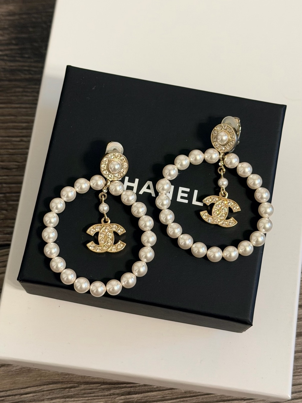 CHANEL Pearl Hoop Crystal CC Drop Clip On Earrings